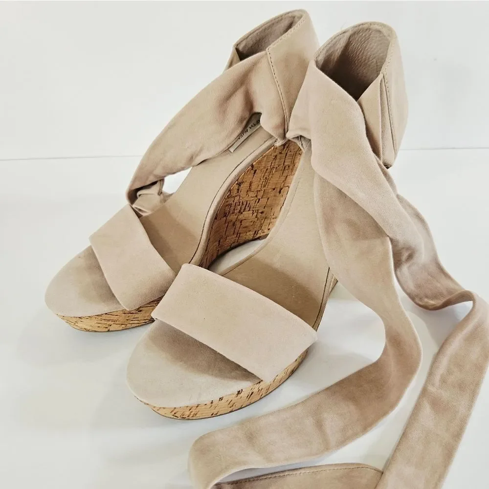 Saks Fifth Avenue Mckenna Cork & Suede Leather Wrap Platform Wedge Sandals 8.5